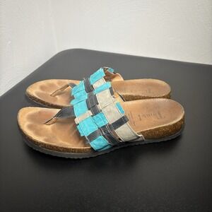 Think! Women's Sandals Thong Flip Flops Size 40/8.5-9 Blue Gray Black Boho Beach